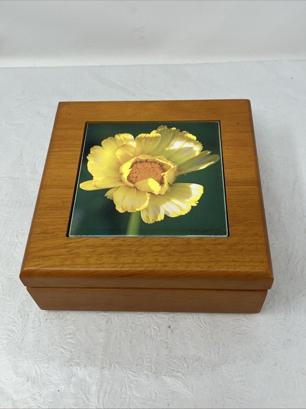Vintage Flower Tile Top Wooden Jewelry Box Hinged Velvet Lined Marigold Trinket